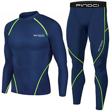 Imagem de Conjunto esportivo 1Bests masculino, com camisa de compressão de manga comprida e calça justa, roupa para treino, corrida, academia e ioga, de secagem rápida, Azul 2, GG