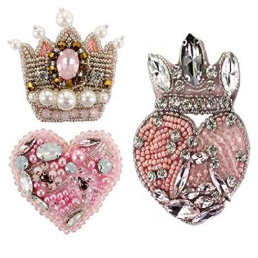 Imagem de Contas de strass coroa rosa emblemas de coração strass adesivos costurar em sapatos broches bordados aplique 2 conjunto