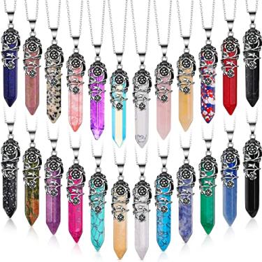 Imagem de 24 unidades de colar de cristal de cura hexagonal, flor de cura, envolto de cristal, pingente de ponta de cristal natural, pingentes de ponta de quartzo com corrente para mulheres de Natal