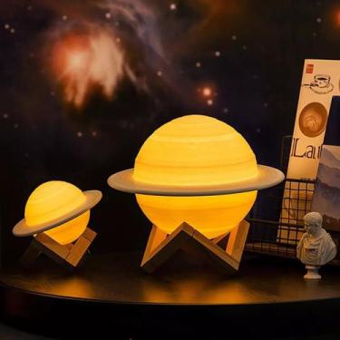 Imagem de Luminária Abajur Led 3D Planeta Saturno Amarela Mesa Quarto Luz Noturn