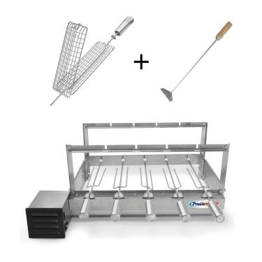 Imagem de Kit Grill Inox Churrasqueira com 5 Espetos Tridente + Espeto Grelha Espalhador Carvão -...