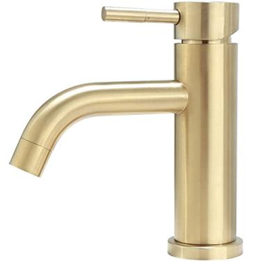 Imagem de Torneira de banheiro de ouro escovado em latão maciço Torneira de lavatório de água quente fria Misturador para pia Torneira de lavagem montada no convés, ouro escovado curto