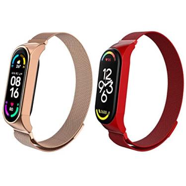 Imagem de Kit 2 Pulseira magnética de metal para Xiaomi Band 7 6 5 4 3, pulseira de substituição de aço inoxidável ajustável para smartwatch, adequada para mulheres, homens, esportes e trabalho. (Mi Band 7, Ouro rosa + vermelho)