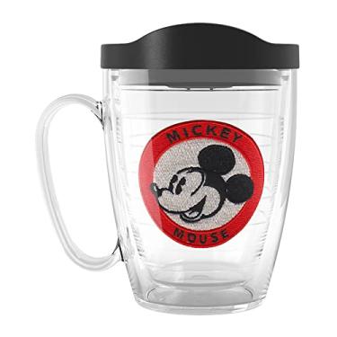 Imagem de Tervis Disney Foundation Collection Crachá do Mickey Mouse feito nos EUA, copo de viagem com isolamento térmico de parede dupla, mantém as bebidas frias e quentes, caneca de 473 ml com alça, clássica