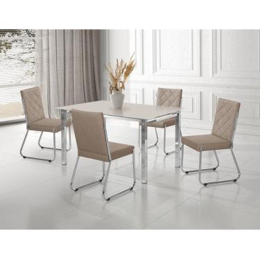 Imagem de Conjunto Sala de Jantar Mesa Ortenia Tampo Vidro com 4 Cadeiras Dinah Cromado/Bege/Off White