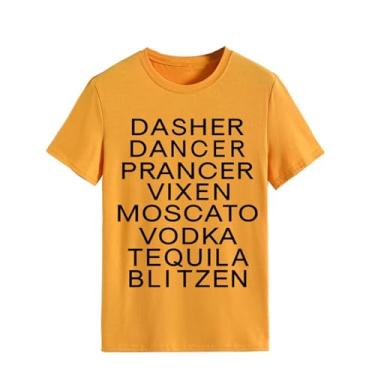 Imagem de Dasher Dancer Prancer Vixen Moscato Vodka Tequila Blitzen Camisetas de Natal Femininas Engraçadas Ditado Camiseta Beba Amante Tops, Laranja, amarelo, P