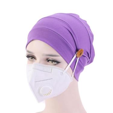 Imagem de KESYOO tiara de algodão capô cápsulas de cabelo chapéu de quimioterapia chapéu com botão elasticidade chapéu turbante Máscara facial gorro de enfermeira Senhorita lenço roxo