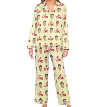 Imagem de JUNZAN Conjuntos de pijamas de cetim branco cinza personalizado personalizado para mulheres manga comprida pijama de botão feminino, Bege, P
