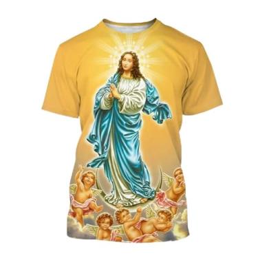 Imagem de Camiseta fashion 3D Blessed Virgin Mary&Jesus estampa Faith Love Hope masculina/feminina elegante camiseta casual, Azul marinho, XXG