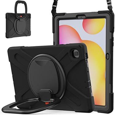 Imagem de Capa com rotação de 360 graus para Samsung Galaxy Tab S6 Lite 10,4 polegadas, capa resistente, suporte de anel, alça de ombro, alça de mão, resistente, para crianças, adultos, uso ao ar livre (preto)