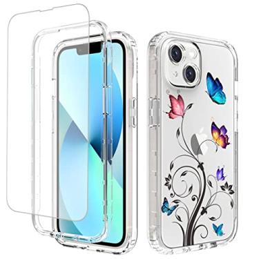 Imagem de Vavies Capa para iPhone 14 2022 com protetor de tela de vidro temperado, capa de telefone transparente flexível com design floral para Apple iPhone 14 de 6,1 polegadas (árvore borboleta)