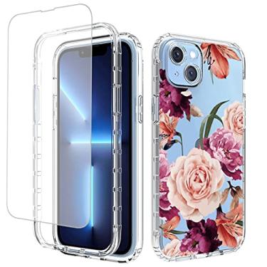 Imagem de Vavies Capa para iPhone 14 Plus 2022 com protetor de tela de vidro temperado, capa de telefone transparente flexível com design floral para Apple iPhone 14 Plus de 6,7 polegadas (flor roxa)