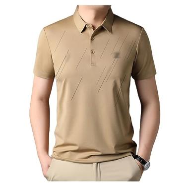 Imagem de Camisa polo masculina lisa listrada de seda gelo manga curta lapela botão Goout Shirt Moisture Buisness, Cáqui, 3G