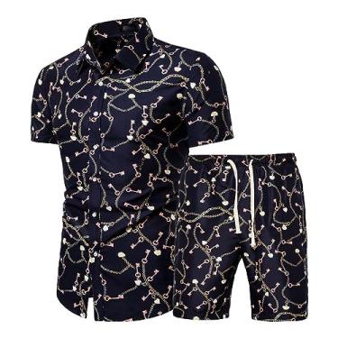 Imagem de Conjunto de shorts havaianos com estampa tropical masculina, 2 peças, camisetas polo atléticas com ombro caído, Cor 3, 4X-Large