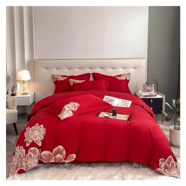 Imagem de Jogo de cama bordado de flores de algodão egípcio 600 fios, 100% algodão, conjunto de capa de edredom, fronha Queen King, macio (Rojo King)