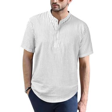 Imagem de Wancafoke Camiseta masculina de algodão e linho Henley manga curta hippie casual verão praia, Branco, M