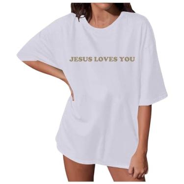 Imagem de Camiseta feminina Love Her Mama Loves Jesus Jesus com estampa de letras, leve, ajuste relaxado, roupa de Jesus moderna para mulheres, 01 - Branco, M