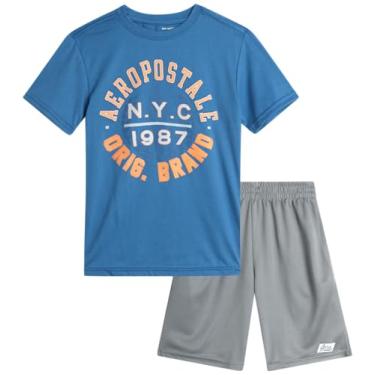 Imagem de AEROPOSTALE Conjunto de shorts ativos para meninos - camiseta de manga curta de 2 peças e shorts de ginástica de malha - Roupa esportiva para meninos (4-12), Azul/cinza, 10