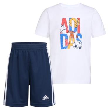 Imagem de adidas Conjunto de camiseta e short de algodão de manga curta para meninos, branco e azul-marinho, 4, Branco e azul marinho, 4