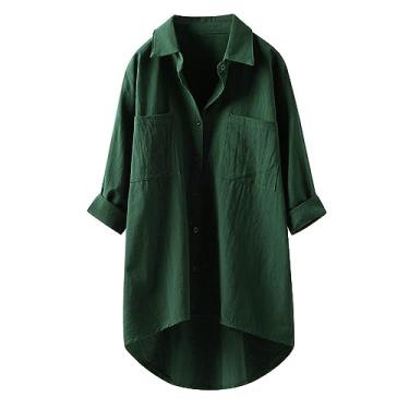 Imagem de Lainuyoah Vestidos de verão casuais para mulheres 2024 túnica moderna blusa de treino gola trabalho abotoado tops de linho, B - verde-exército, M