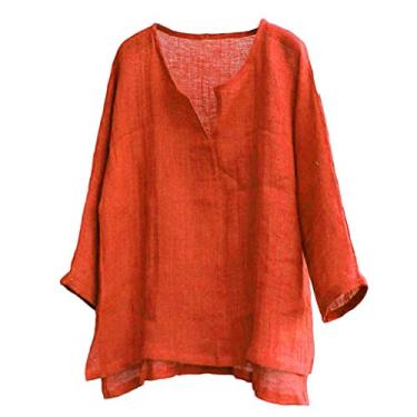 Imagem de Lainuyoah Camisa feminina de verão 2024 Plus camisas modernas de manga 3/4 túnica para treino boho 2024 blusas de linho tops de praia, A - laranja, 3G