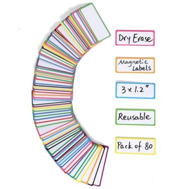 Imagem de ZazzyKid Etiquetas Magnéticas Apagáveis a Seco: 80 Peças, 7,6 x 3 cm, Multicolorido, Reutilizáveis para Quadros Brancos, Armários e Escritório