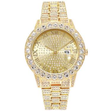 Imagem de SENRUD Relógio unissex de luxo com strass de cristal e diamante, relógio de pulso de aço inoxidável moderno brilhante, Dourado, Cronógrafo