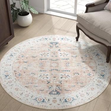 Imagem de jinchan Tapete redondo de 1,5 m – Lavável Boho Vintage Floral Círculo 1,5 m Capa de piso redonda leve de pelo baixo tapete antiderrapante para cozinha, sala de estar, quarto, sala de jantar,