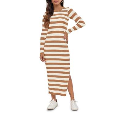 Imagem de Wenrine Vestido feminino listrado manga comprida gola redonda malha slim fit dividida outono vestido midi casual, Caqui, G