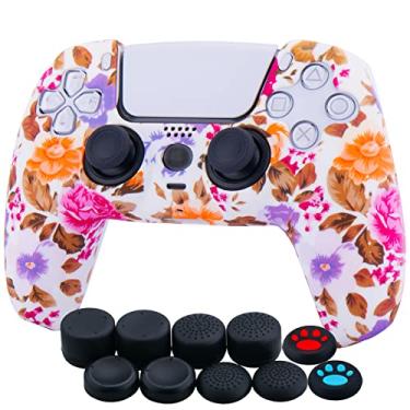 Imagem de YoRHa Capa espessa de silicone com impressão de transferência de água para controle PS5 x 1 (flores) com 10 alças de polegar