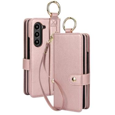 Imagem de HAO RIYLN Ouro, capa carteira para Samsung Galaxy Z Fold 6, capa de couro dobrável de luxo com compartimento para caneta, compartimentos para cartões, pulseira e fecho magnético, capa protetora