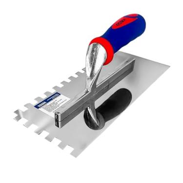 Imagem de Desempenadeira Aço Inoxidável Dentada Roma Azul 280x120mm Argamassa 10x10m P/Pedreiro Piso Construção Cerâmica Profissional 675D