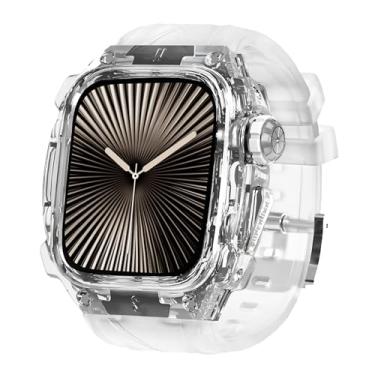 Imagem de Capa de relógio inteligente translúcida de luxo para Apple Watch Series 10 de 46 mm, capa robusta leve totalmente embrulhada com pulseira, pulseira de silicone, botões de aço inoxidável, capa