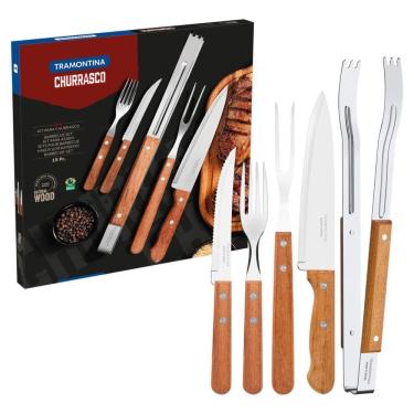 Imagem de Kit Para Churrasco Tramontina Em Aço Inox Com Cabo De Madeira Natural 15 Peças