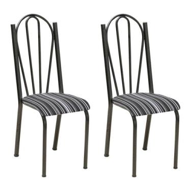 Imagem de Kit 2 Cadeiras de Cozinha Alasca Estampado Preto Listrado Pés de Ferro