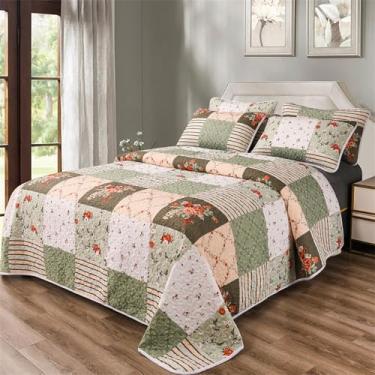 Imagem de Conjunto de colcha com 3 peças, xadrez, floral, floral, tamanho queen, verde-oliva, pêssego, branco, patchwork, com flor de rosa vermelha, macia, leve, conjunto de colcha para todas as estações