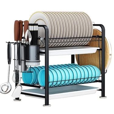 Imagem de Escorredor de pratos de cozinha de 2 níveis, escorredor de pratos com suporte de utensílios, escorredor de aço inoxidável 304 com suporte para tábuas de corte, escorredor de pratos para pia para