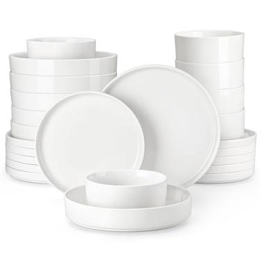 Imagem de MALACASA Conjunto de louça de porcelana com 24 peças, conjunto de pratos brancos modernos para 6, conjuntos de pratos e tigelas premium, conjuntos de louça resistentes a lascas e arranhões, conjunto