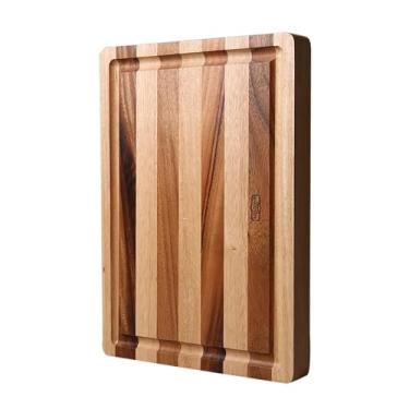 Imagem de Tábua de açougueiro retangular listrada de madeira de acácia tailandesa com ranhura, melhor para cortar tábuas de açougueiro, estação de preparação, decoração de cozinha, queijo, carne, pão, vegetais