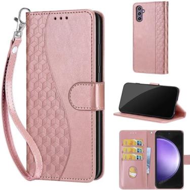 Imagem de Capa carteira projetada para Samsung Galaxy S23 FE, capa flip feminina com suporte de couro PU em relevo, compartimentos para cartões de crédito, alça de pulso, capa para celular para Samsung S23 FE