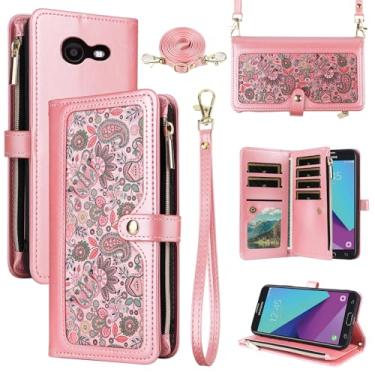 Imagem de Dswteny Capa carteira floral para Samsung Galaxy J3 Luna Pro J 3 Prime 2017 Emerge 3J Eclipse Mission com alça de ombro, suporte para cartão de crédito flip para celular S327VL masculino rosa