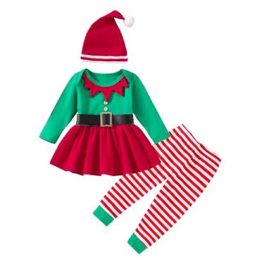 Imagem de WOLBAY Roupa de Natal para meninas recém-nascidas, body de Papai Noel, calça listrada com chapéu, roupas para meninas, Vermelho B, 2-3T