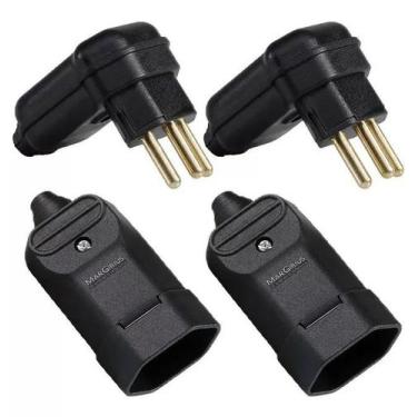 Imagem de 2 Plug Macho 90 Graus + 2 Tomada Femea 3 Pinos 10a Preta Prensa Cabos 