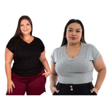 Imagem de Camiseta Academia Plus Size Feminina Gola Em V Básica Malha Bem Costur
