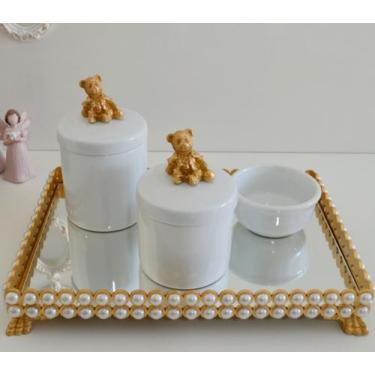 Imagem de Kit Higiene Bebê Porcelana Bandeja Perola Cotonete Potes K036 - Cirand