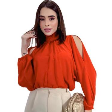 Imagem de Blusa Bata Feminina Gola Alta Manga Bufante Ombro Vazado - Swiss Bouti