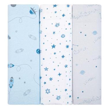 Imagem de Kit 3 Cueiros Papi Flanelados 80x80cm Estampa Espaço Azul, Azul, Único