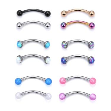 Imagem de Anéis de sobrancelha com extremidade de 3 mm Prjndjw, 16G, 5/16"/0,39" L, 12PCS. Piercing de sobrancelha de aço cirúrgico opala que brilha no escuro cartilagem Rook Daith Tragus brincos umbigo lábio curvo barra corpo joia