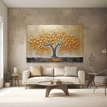 Imagem de Quadros Decorativos para Quarto Sala 90x60 Arvore Dourada Pintural Grande Escritório Hall