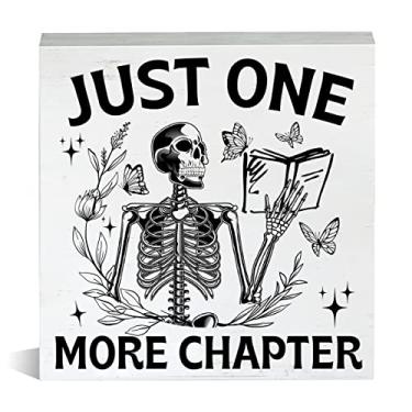 Imagem de Farmhouse Just One More Chapter Wooden Box Sign Reading Skeleton Wood Block Tabletop Sign Decorative Desk Sign Home Shelf Decor 5 X 5 InchesQ